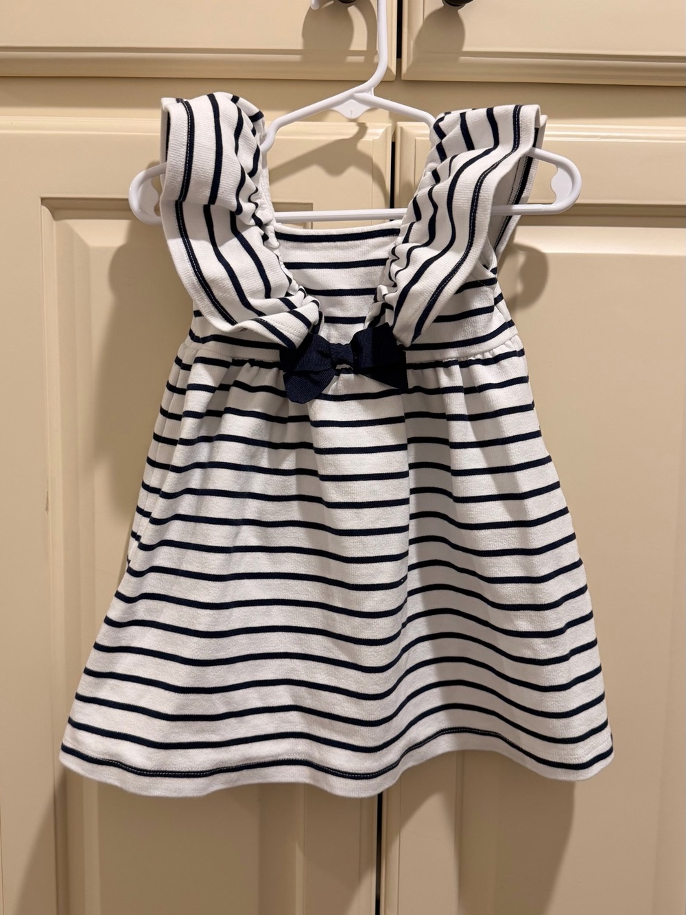Janie and Jack Navy and White Striped Ruffle-Shoulder Dress with Bow